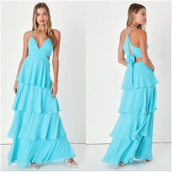 LULU’S Tier And Now Blue Tie-Back Tiered Maxi Dress - Picture 1 of 6